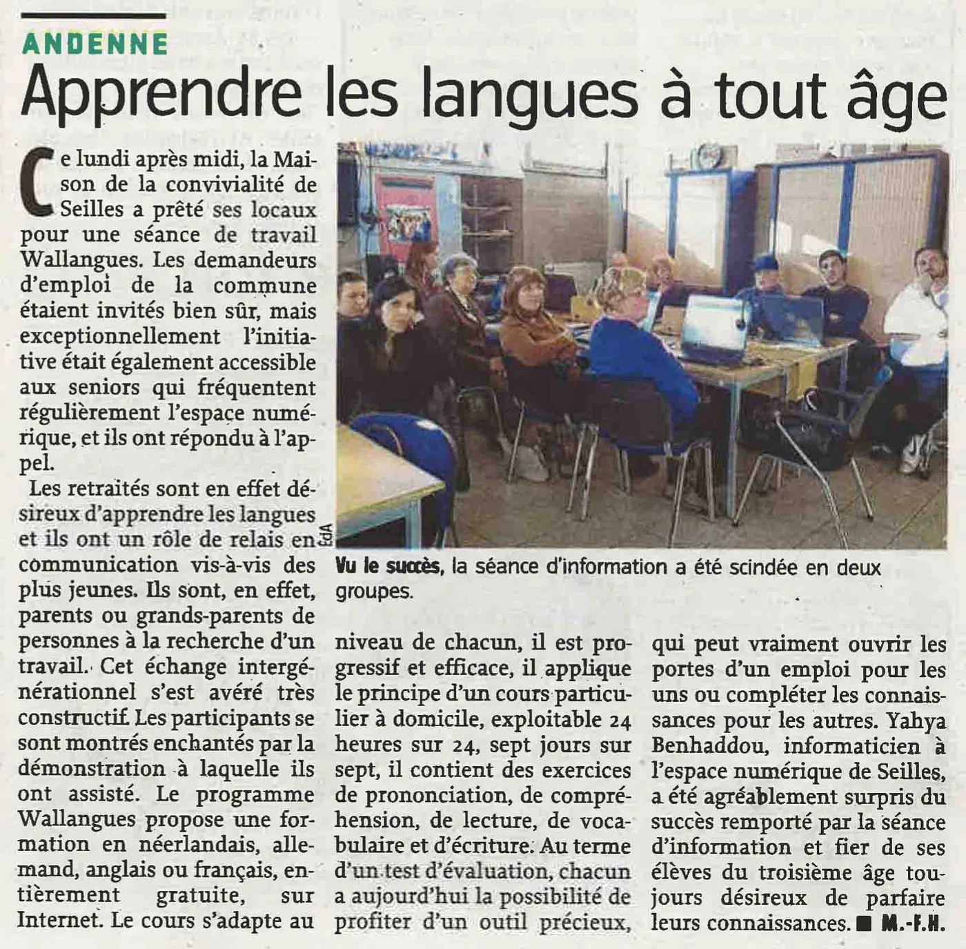Image illustrant l'article « Journée Wallangues à l'EPN, dans le journal l'Avenir... » de l'EPN de Seilles.