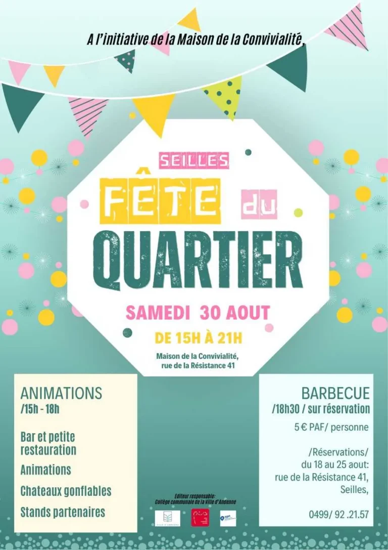 Affiche colorée annonçant la fête du quartier de Seilles avec animations, barbecue et activités familiales organisées à la Maison de la Convivialité.