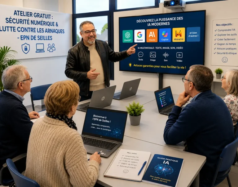 Animateur présentant les intelligences artificielles modernes à un groupe de seniors autour de tables grises équipées de PC portables HP à l’EPN de Seilles.