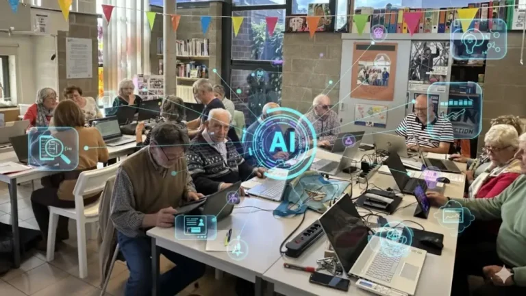 Participants à un atelier sur l’intelligence artificielle à l’EPN de Seilles, découvrant des outils numériques et des IA conversationnelles sur ordinateur.