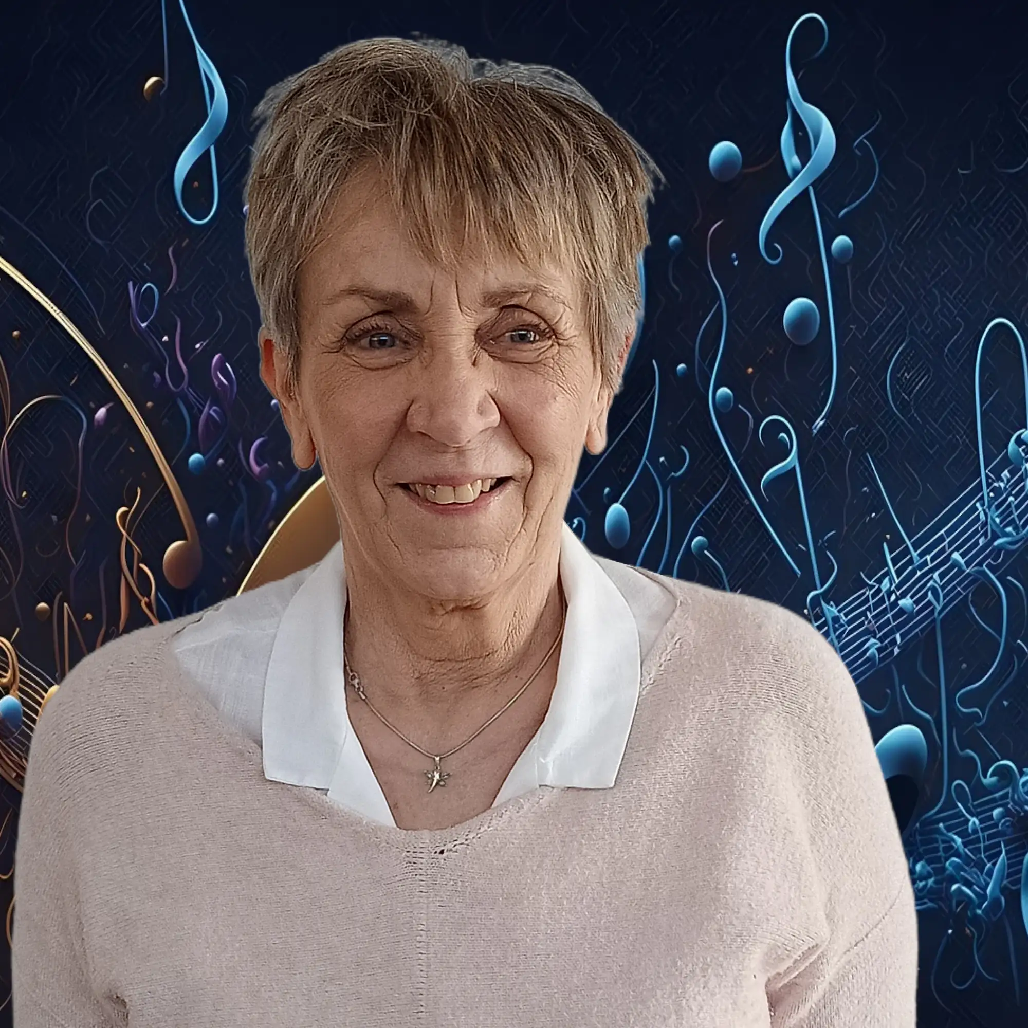 Portrait de Renée Denis, apprenante, souriante, sur fond bleu.