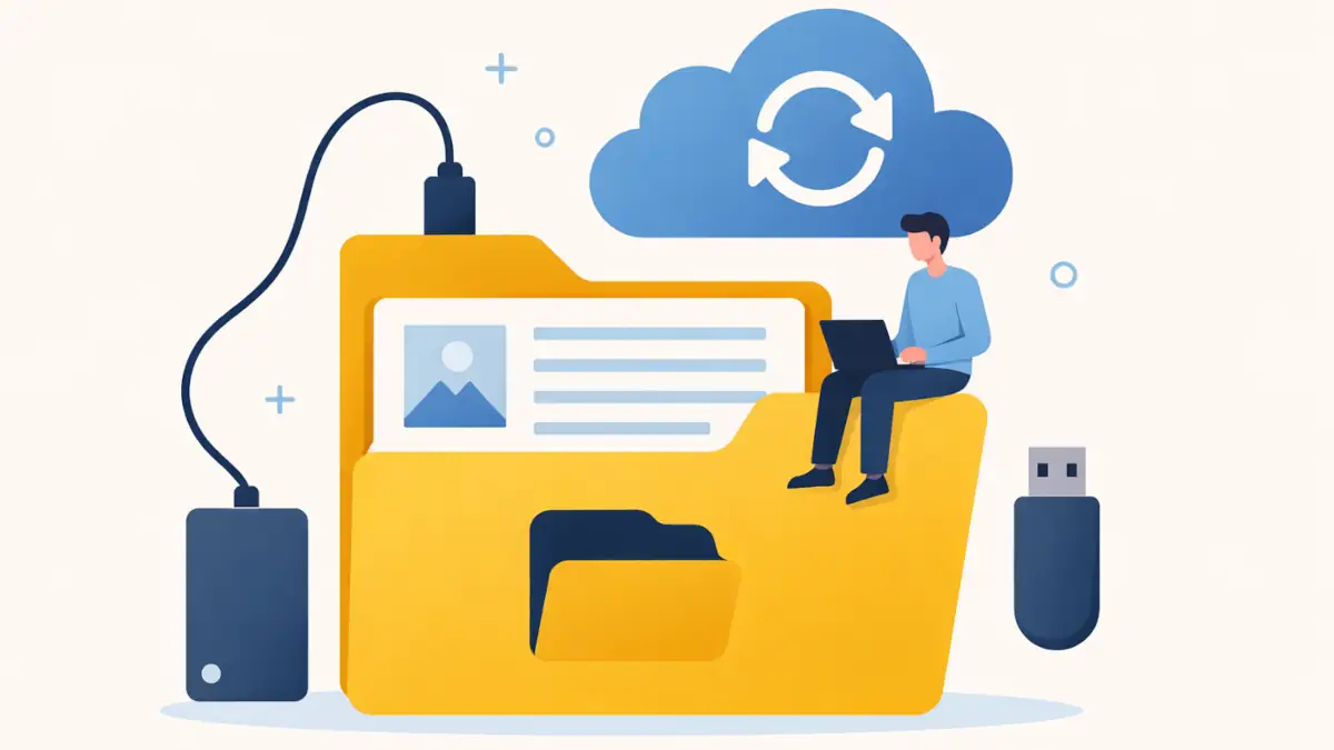 Illustration représentant la gestion des fichiers et le cloud computing, avec un dossier numérique, des supports de stockage et un environnement de travail informatique.