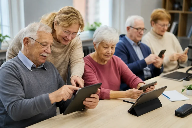 Seniors utilisant des tablettes tactiles et smartphones durant une formation numérique accompagnée par une formatrice.