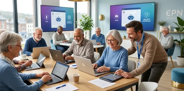 Groupe de seniors participant à une formation sur l’intelligence artificielle conversationnelle et multimodale dans une salle informatique moderne avec ordinateurs, tablettes et formateur.