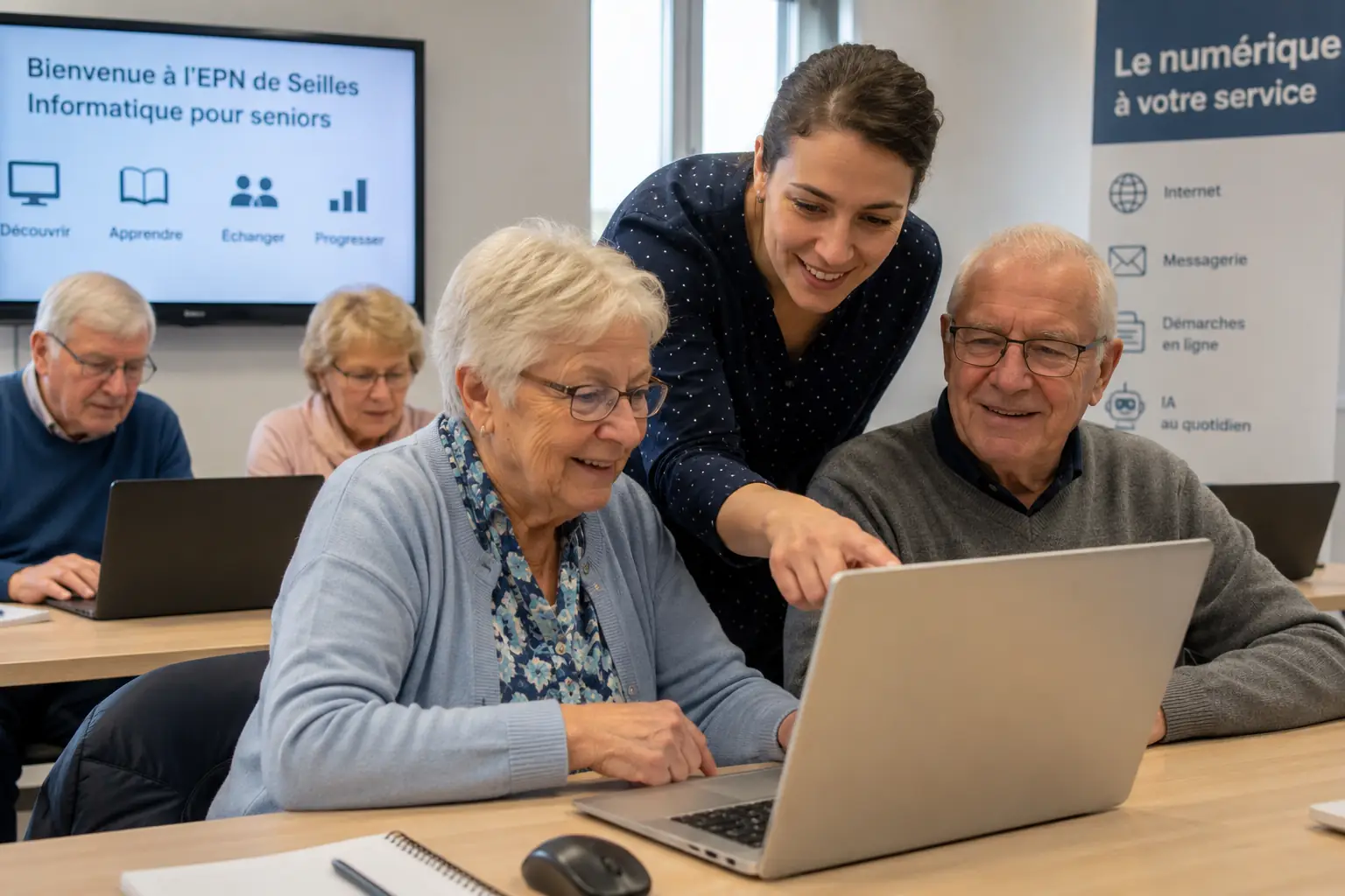 Formatrice aidant des seniors à utiliser un ordinateur portable lors d’une formation informatique et intelligence artificielle à l’EPN de Seilles.