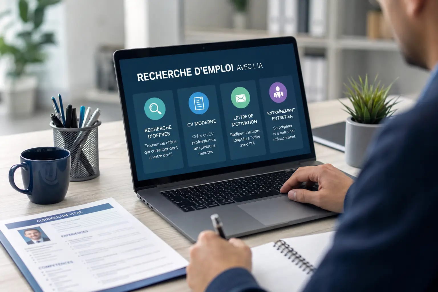 Personne utilisant un ordinateur portable pour rechercher un emploi avec l’aide de l’intelligence artificielle, créer un CV moderne et préparer un entretien d’embauche.