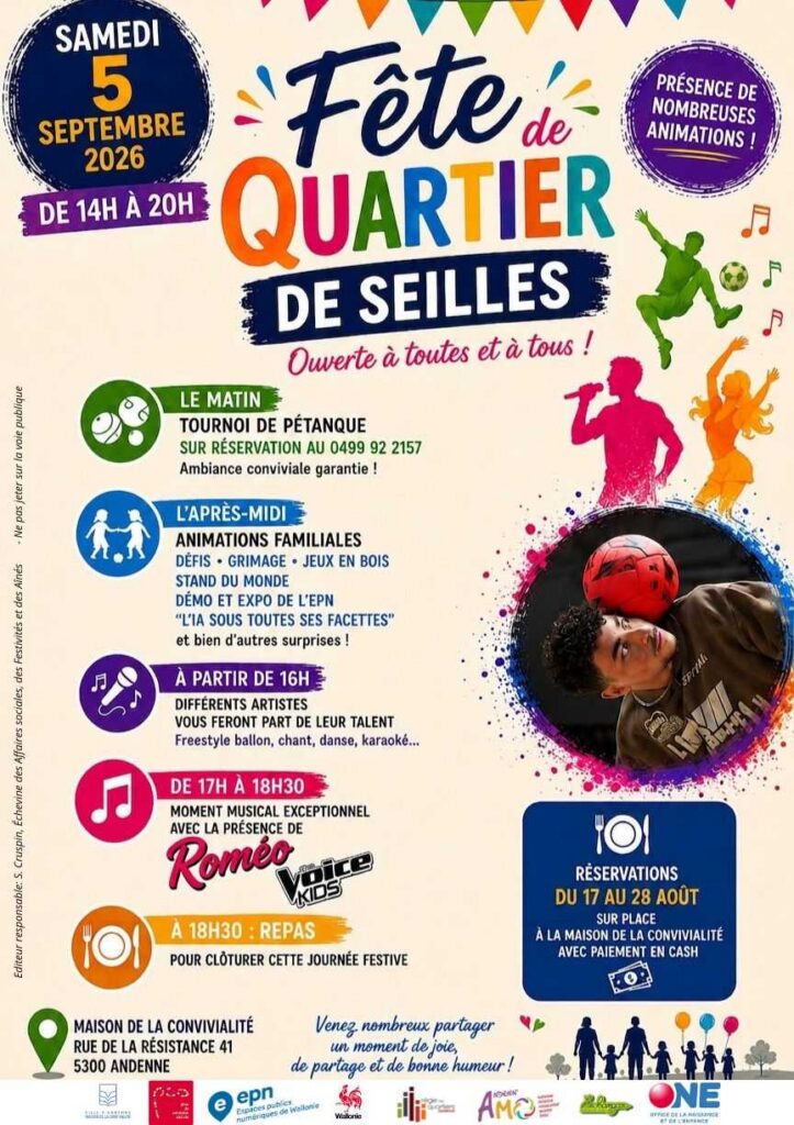 Affiche de la Fête de quartier de Seilles, organisée le samedi 5 septembre 2026.