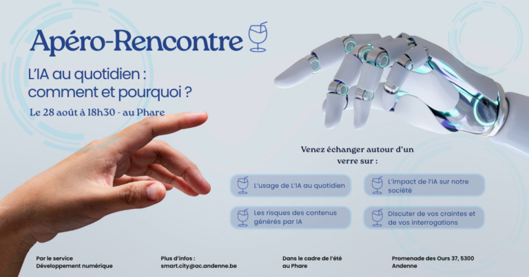 Affiche de l’apéro-rencontre « L’IA au quotidien : comment et pourquoi ? », le 28 août 2026 au Phare d’Andenne.